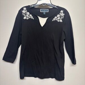 Karen Scott Black Top with White Floral Detail